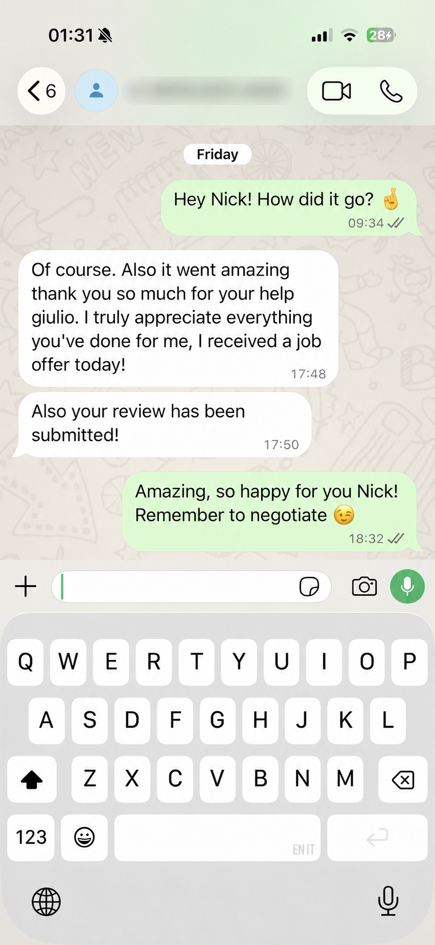 Anonymised client message confirming an Intel offer