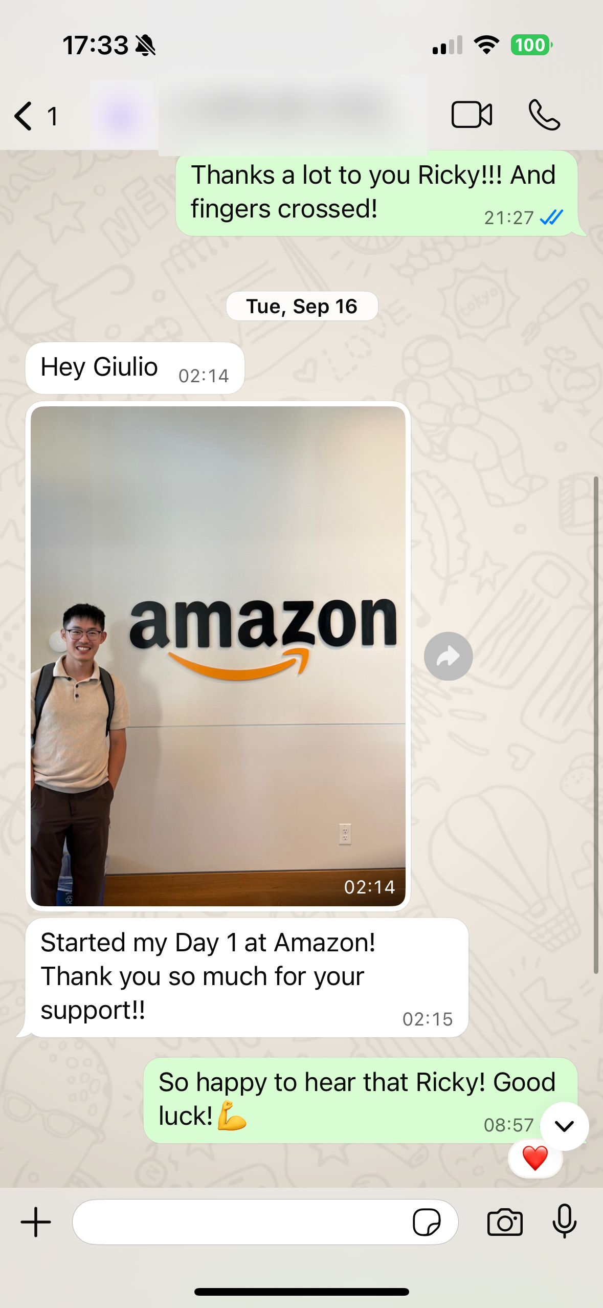 Anonymised client message from their first day at Amazon