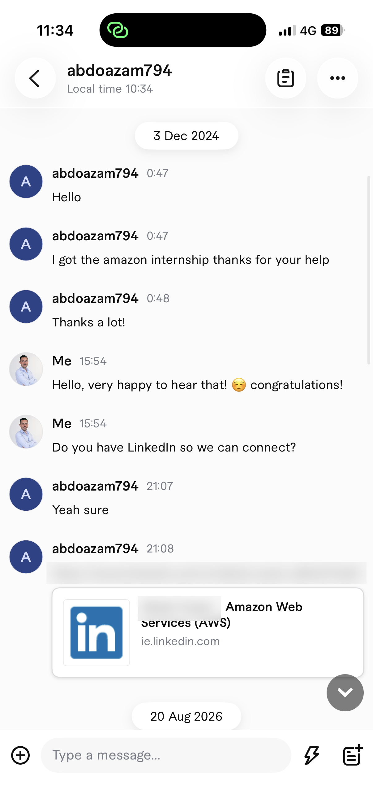 Client message confirming an Amazon internship
