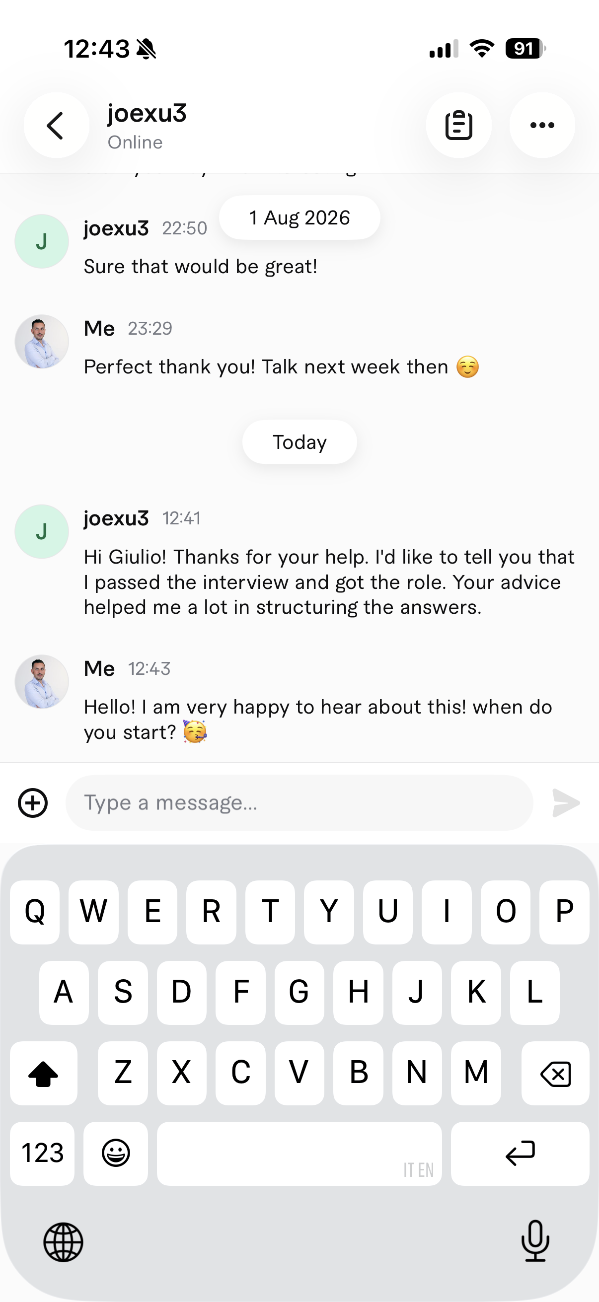 Client message confirming a new role